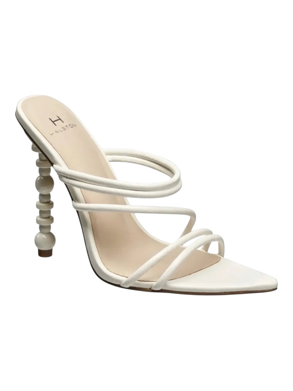 Halston H Hetty White Vegan Leather Beaded Stiletto Pointed Toe Sandals Size 7